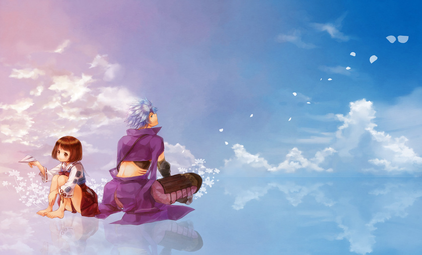 1girl bad_id bad_pixiv_id barefoot blue_eyes blue_hair brown_eyes brown_hair chousokabe_motochika_(sengoku_basara) cloud crossed_legs eyepatch highres holding looking_back namiri paper_airplane petals sengoku_basara sitting sitting_on_water skirt tsuruhime water