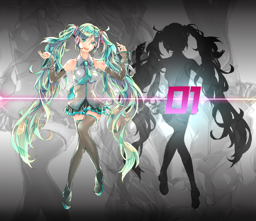 aqua_eyes aqua_hair boots detached_sleeves ena1215 hatsune_miku headset long_hair necktie skirt solo thigh_boots thighhighs twintails very_long_hair vocaloid zoom_layer
