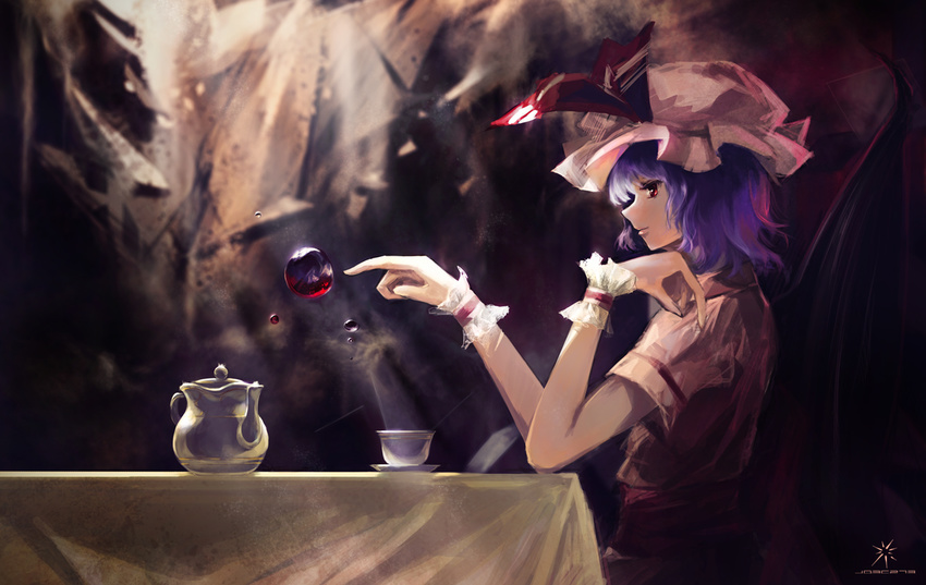 artist_name bangs bat_wings chair cup dress floating hat hat_ribbon jq levitation light light_particles light_rays lips mob_cap pink_dress pink_hat pointy_nose profile purple_hair red_eyes reflective_eyes remilia_scarlet ribbon sauce short_hair short_sleeves signature sitting solo steam table tablecloth teacup teapot touhou upper_body wings wrist_cuffs