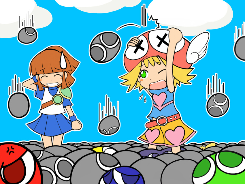 amitie_(puyopuyo) arle_nadja belt blonde_hair blue_skirt blush brown_hair closed_eyes flipped_hair green_eyes grin hat madou_monogatari multiple_girls one_eye_closed open_mouth ponytail puyo_(puyopuyo) puyopuyo puyopuyo_fever shorts skirt smile sonic_team sweatdrop tank_top tasogare_yanio wallpaper