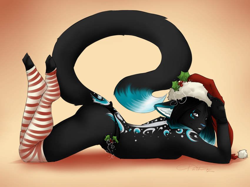 christmas feline female grey_eyes hat holidays kiittn legwear mammal mistletoe nix nude santa_hat silver_eyes solo toeless_socks xmas