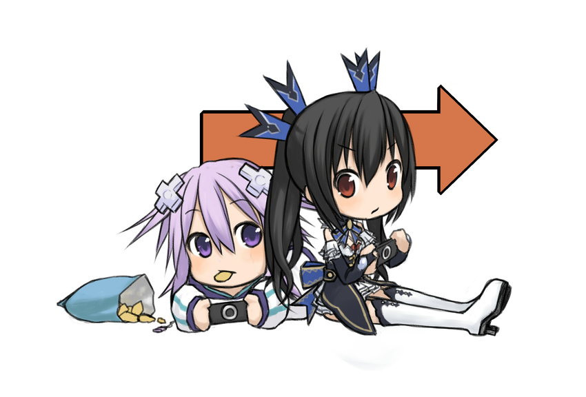black_hair bow chibi chips d-pad d-pad_hair_ornament directional_arrow food hair_bow hair_ornament handheld_game_console highres hirahashi_matsunori multiple_girls neptune_(choujigen_game_neptune) neptune_(series) noire playstation_portable purple_eyes purple_hair red_eyes twintails
