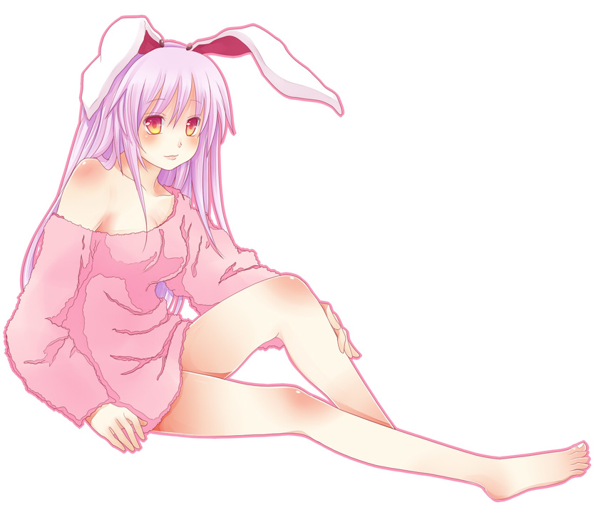 animal_ears bare_shoulders barefoot bottomless breasts bunny_ears full_body long_hair looking_at_viewer monchi_(kashiwa2519) naked_sweater no_bra no_pants off-shoulder_sweater off_shoulder pink_sweater purple_hair reisen_udongein_inaba simple_background small_breasts solo sweater touhou