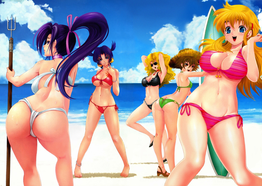 5girls absurdres ass back barefoot beach bikini blonde_hair blue_eyes breasts brown_hair cleavage cloud clouds earrings feet flat_chest furinji_miu hair_ornament hairclip happy hat highres jewelry kousaka_shigure large_breasts long_hair looking_at_viewer looking_back ma_renka multiple_girls nanjo_kisara nanjou_kisara navel official_art open_mouth ponytail purple_hair rachel_stanley shadow shijou_saikyou_no_deshi_ken'ichi shijou_saikyou_no_deshi_kenichi short_hair sky smile standing sunglasses swimsuit toes twintails water weapon