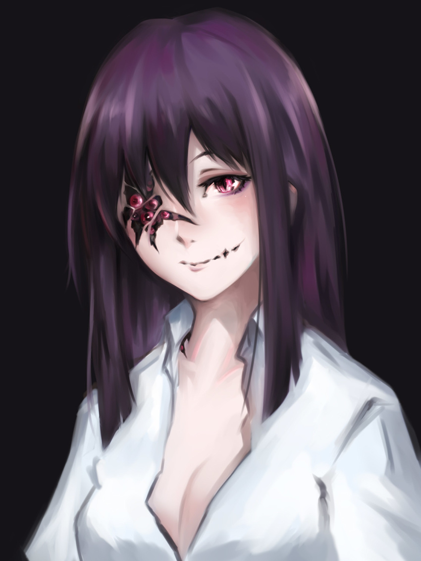 1girl ageha_(ray-k) black_background breasts butterfly_affection cleavage commentary dress_shirt hair_between_eyes highres long_hair looking_at_viewer medium_breasts multiple_pupils purple_hair red_eyes shirt simple_background slit_pupils smile solo tui_isumi upper_body white_shirt