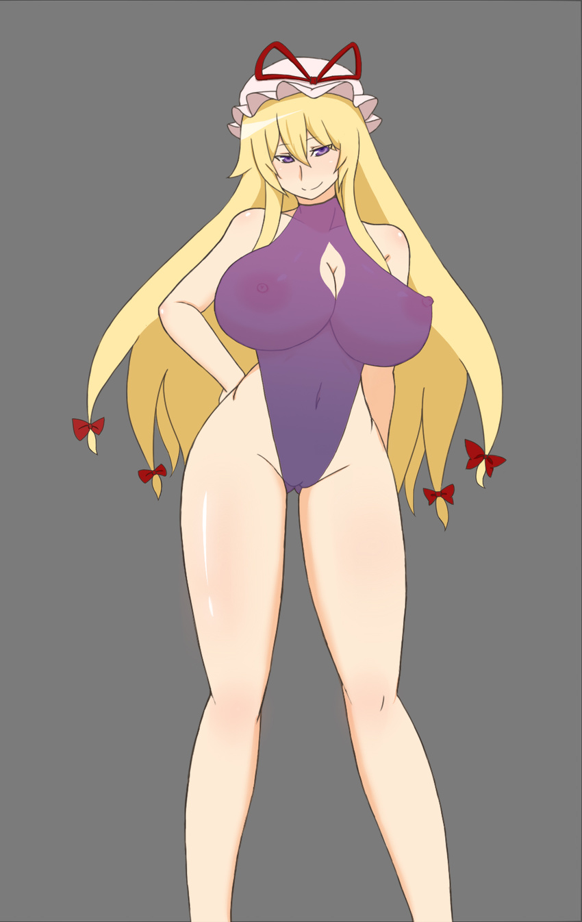 1girl blonde blonde_hair breasts curvy female habaneroid hair_ornament hair_ribbon hat highres hips huge_breasts legs long_hair mound_of_venus navel nipples one-piece_swimsuit perky_breasts purple_eyes pussy ribbon ribbons see-through simple_background smile solo standing swimsuit thighs touhou uncensored wide_hips yakumo_yukari