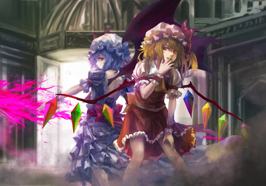 arm_up ascot backless_outfit bat_wings blonde_hair blue_hair bow flandre_scarlet hand_to_own_mouth hat hat_ribbon highres koukyou leaning_forward looking_at_viewer multiple_girls open_door polearm red_eyes remilia_scarlet ribbon shirt short_hair siblings side_ponytail sisters skirt skirt_set smile spear spear_the_gungnir touhou weapon wings wrist_cuffs