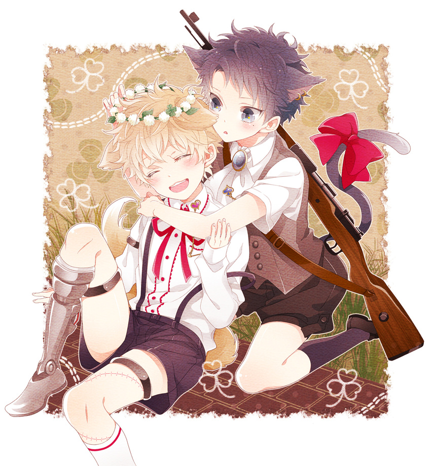 :3 animal_ears arm_around_shoulder black_hair blonde_hair blue_eyes blush bolt_action brooch cat_ears cat_tail catboy closed_eyes dog_ears dog_tail dogboy flower gun highres jewelry male_focus mauser_98 multiple_boys open_mouth original prosthesis prosthetic_leg ribbon rifle scar shoes shorts smile socks suspenders tail tail_ribbon weapon wreath yamaki_(rosycheek323)