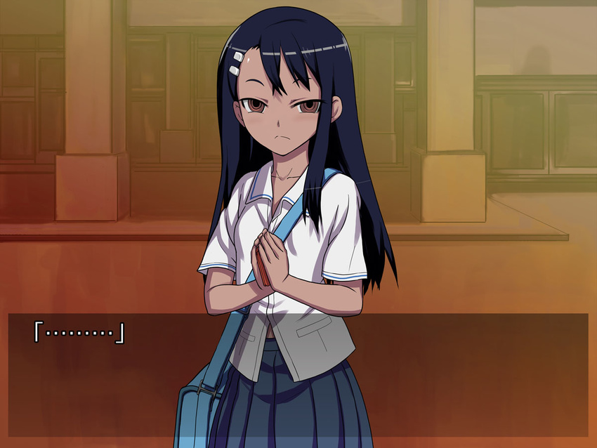 774_(nanashi) bag blue_hair blush brown_eyes cellphone frown hair_ornament hairclip ijiranaide_nagatoro-san long_hair looking_at_viewer nagatoro phone school_uniform shirt skirt solo