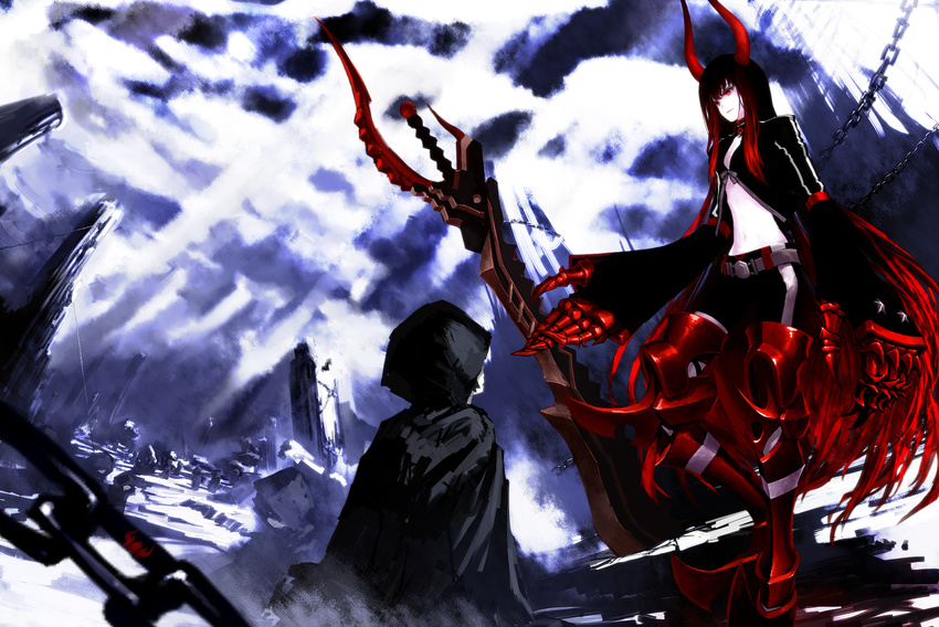 black_gold_saw black_hair black_rock_shooter boots cape chain claws gradient_hair greaves highres hood horns huge_weapon king_saw lain long_hair midriff multicolored_hair multiple_girls navel red_eyes red_hair sky smile sword very_long_hair weapon