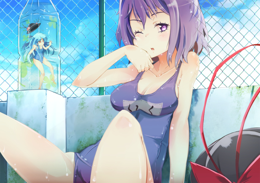 blue_hair bottle hat hat_loss hat_removed headwear_removed hinanawi_tenshi in_bottle in_container liking long_hair minigirl multiple_girls nagae_iku one-piece_swimsuit one_eye_closed purple_eyes purple_hair red_eyes school_swimsuit short_hair submerged swimsuit touhou wet