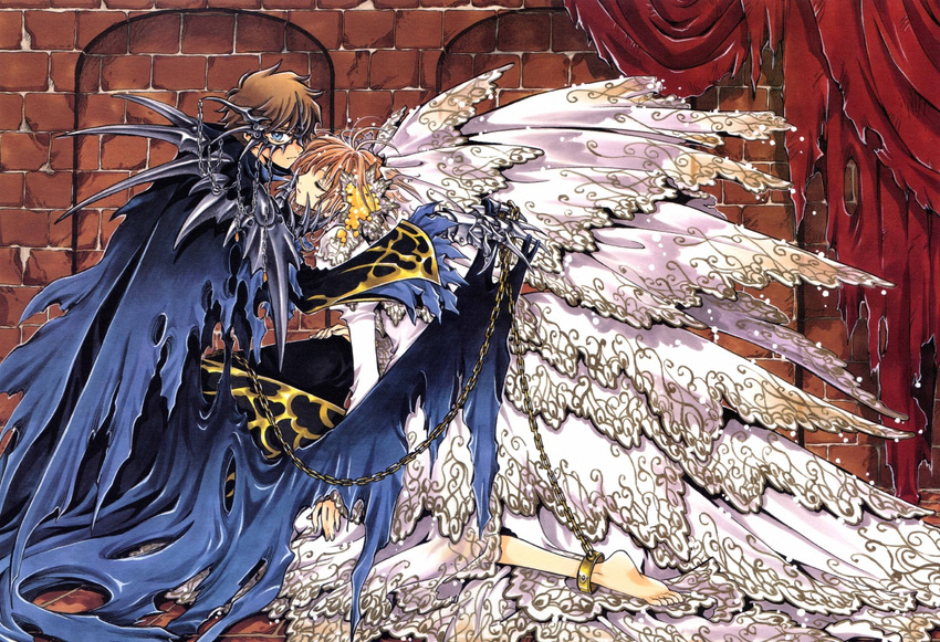 brown_hair clamp dress sakura_(tsubasa) short_hair syaoran tsubasa_reservoir_chronicle wings