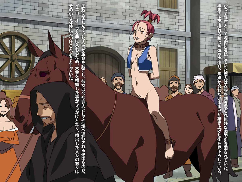 arms_behind_back artist_request bdsm bondage bound breasts brown_eyes chunsoft collar crowd dragon_quest dragon_quest_iii enix horse humiliation kizaki merchant_(dq3) multiple_boys multiple_girls nude onlookers outdoors parade pubic_hair public public_humiliation purple_hair riding small_breasts source_request tied tied_up translation_request vest volvox