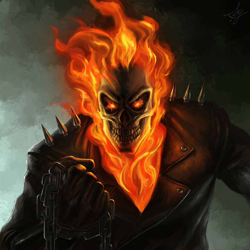 burning_eyes chain fire flame ghost_rider highres jacket leather leather_jacket marvel marvel_vs._capcom marvel_vs._capcom_3 no_humans penance_stare satoyuki skull solo spikes studded