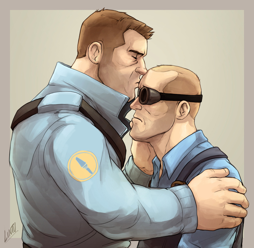 emblem engineer_(team_fortress_2) eyewear goggles kissing male overalls plain_background soldier_(team_fortress_2) thanks white_background