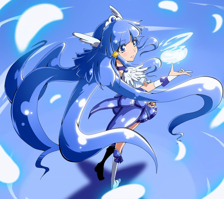 aoki_reika blue blue_background blue_eyes blue_hair blue_skirt boots choker cure_beauty eyelashes full_body hair_tubes head_wings knee_boots long_hair magical_girl precure sidelocks skirt smile_precure! solo taroimo_(takesan) tiara wrist_cuffs