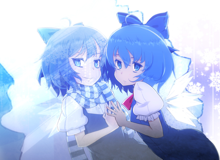 ahoge blue_eyes blue_hair bow cirno different_reflection dress hair_bow highres ice liking reflection scarf short_hair snow solo striped striped_scarf touhou wings
