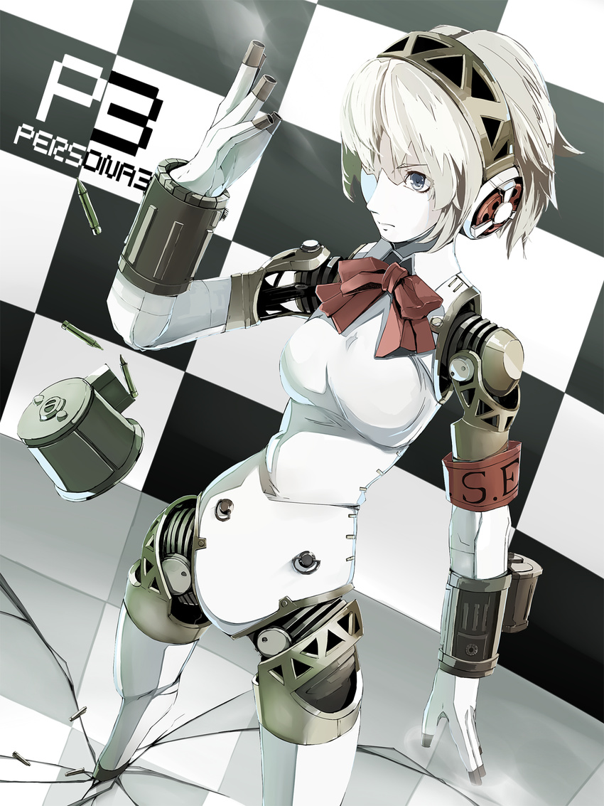 aegis_(persona) android armband blonde_hair blue_eyes bow breasts bullet checkered checkered_background el_(egoistic_parade) highres medium_breasts persona persona_3 ribbon short_hair solo