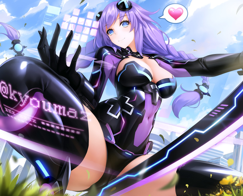 1girl blue_eyes braid breasts cameltoe choujigen_game_neptune city cleavage cloud flower from_below grass heart highres interface long_hair looking_down low-tied_long_hair navel neptune_(series) obaoba_(monkeyix) outdoors purple_hair purple_heart see-through shiny shiny_clothes skin_tight sky solo spoken_heart spread_legs thighhighs twin_braids