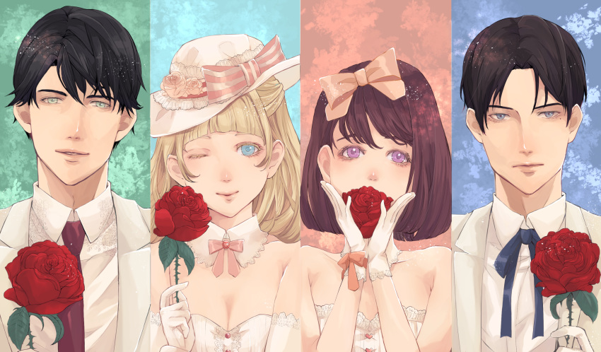 2boys 2girls :| ;) arikawa_anri bangs bare_shoulders black_hair blonde_hair blue_ribbon blunt_bangs bow breasts brown_hair cleavage closed_mouth detached_collar dress flower formal gloves green_eyes hand_up hands_up hat hat_bow hat_flower heart highres lace looking_at_viewer maroon_neckwear mole mole_under_eye multiple_boys multiple_girls necktie one_eye_closed original parted_bangs pink_bow pink_ribbon purple_eyes red_flower ribbon rose small_breasts smile striped striped_bow suit white_dress white_gloves white_hat white_suit