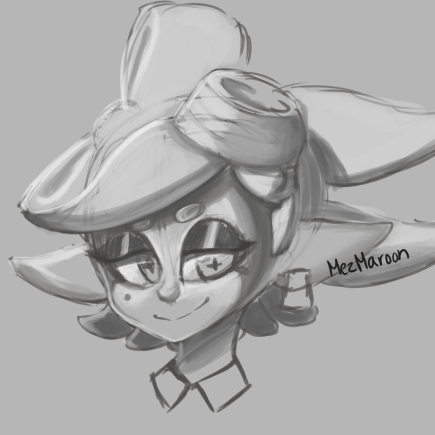 +_+ 1girl artist_name closed_mouth domino_mask earrings face female grey_background greyscale half-closed_eyes happy highres hotaru_(splatoon) jewelry mask mezmaroon mole mole_under_eye monochrome object_on_head pointy_ears short_hair signature simple_background sketch smile solo splatoon splatoon_(series) splatoon_1 tentacle tentacle_hair tied_hair