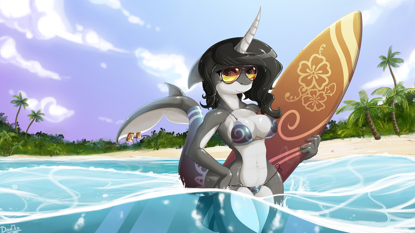 absurd_res anthro beach big_breasts big_eyes bikini black_hair breasts camel_toe cetacean clothed clothing don_ko don_komandorr eyewear female fins flippers furry-specific_piercing glasses green_eyes grey_skin hair hand_on_hip hi_res horn long_hair looking_at_viewer mammal marine narwhal navel outside piercing pose sand seaside shiny short_hair side-tie_bikini skimpy sky smile solo standing summer sunglasses surf swimming swimsuit tail_piercing tight_clothing two_tone_skin water wet wide_hips widescreen