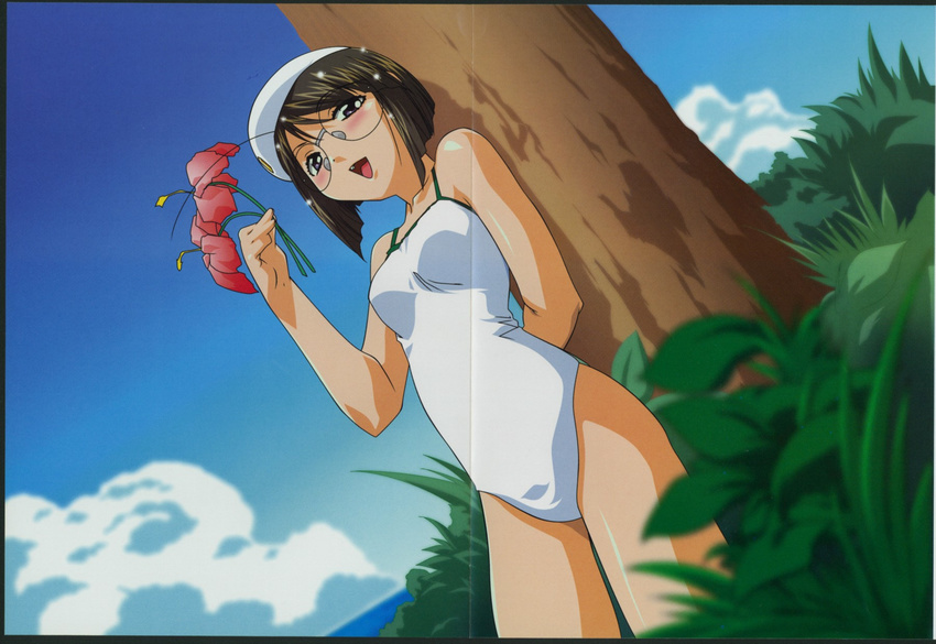 brown_eyes brown_hair flower glasses hat kame_no_ayumi swimsuit tenshi_no_shippo tree