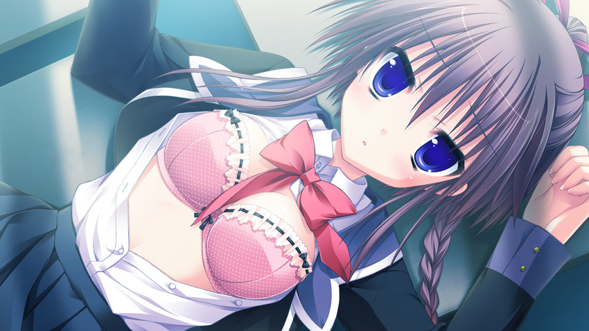 blush bra brown_hair game_cg hatsuyuki_sakura kozakai_aya open_shirt saga_planets seifuku toranosuke underwear