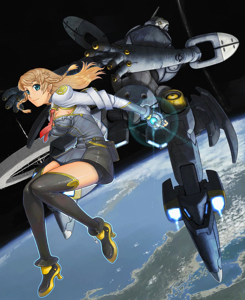 blue_eyes brown_hair highres itou_(onsoku_tassha) mecha orbit original pointy_ears solo space thighhighs