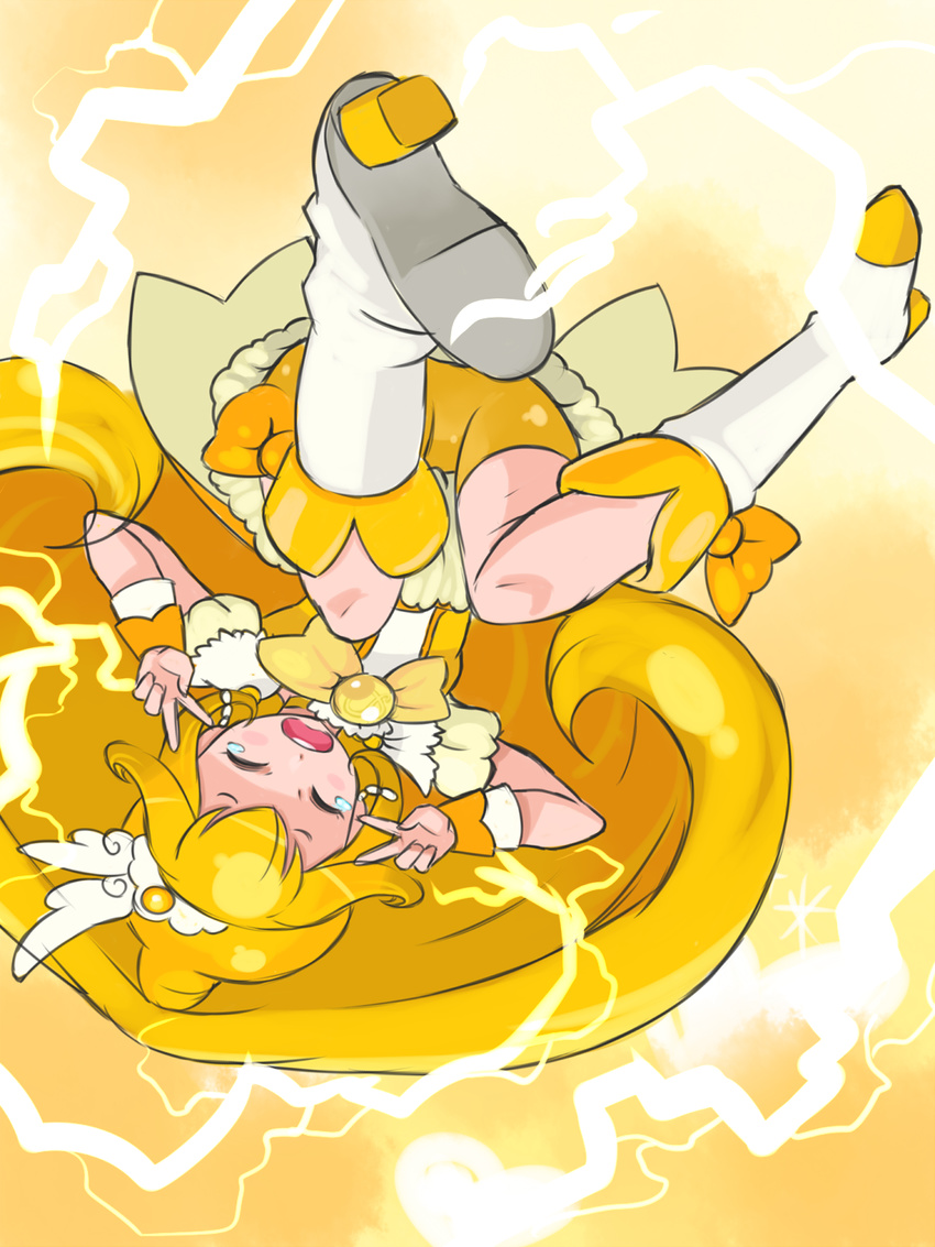 bike_shorts blonde_hair boots bow choker closed_eyes cure_peace double_v electricity hair_flaps highres kise_yayoi long_hair magical_girl okera open_mouth ponytail precure shorts shorts_under_skirt smile_precure! solo tears tiara upside-down upskirt v wide_ponytail yellow yellow_bow yellow_choker yellow_shorts