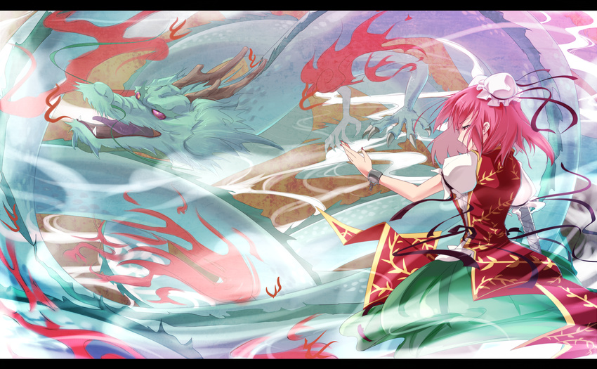 bandages china_dress chinese_clothes double_bun dragon dress eastern_dragon ibaraki_kasen initial_f letterboxed pink_hair short_hair solo touhou