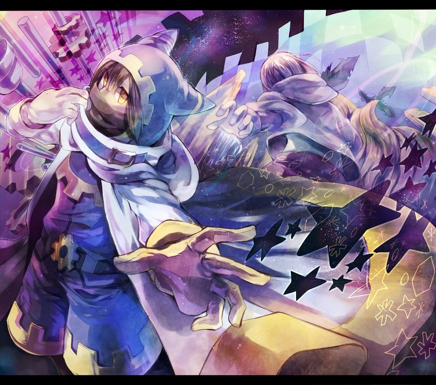 belt belt_buckle brown_hair buckle cape foreshortening gears gloves hood hoodie jacket janis_(hainegom) jumpsuit kirby kirby_(series) magolor multiple_boys outstretched_hand pants personification pink_hair space star star_(sky) yellow_eyes