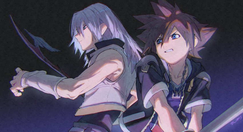 2boys aqua_eyes back-to-back bare_shoulders blue_eyes brown_hair chain_necklace clenched_teeth fighting_stance gradient_background grey_hair grey_vest hair_between_eyes highres holding holding_weapon jewelry keyblade kingdom_hearts kingdom_hearts_ii long_hair looking_to_the_side male_focus multiple_boys nanpou_(nanpou0021) necklace parted_lips riku_(kingdom_hearts) short_hair short_sleeves sora_(kingdom_hearts) spiked_hair teeth toned toned_male vest weapon