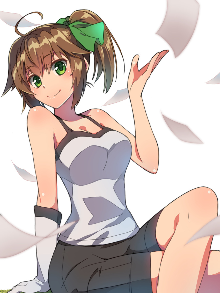 1girl ahoge asymmetrical_gloves black_shorts bow breasts brown_hair chiharu_(9654784) cleavage collarbone eyebrows_visible_through_hair gloves green_bow green_eyes hair_bow highres legs_crossed looking_at_viewer medium_breasts original shiny shiny_hair shiny_skin shirt short_shorts shorts side_ponytail single_glove sitting sleeveless sleeveless_shirt smile solo white_gloves white_shirt