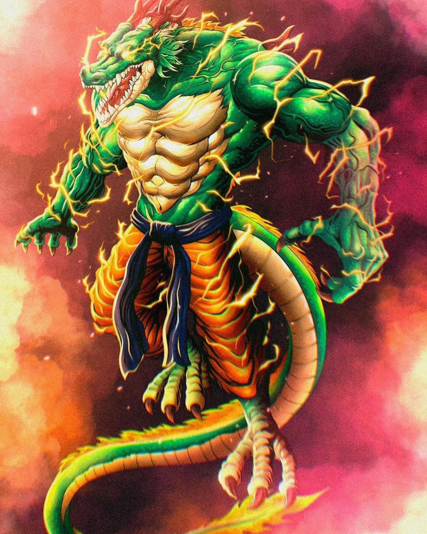 anthro asian_mythology biceps claws clothed clothing dragon dragon_ball east_asian_mythology eastern_dragon energy fangs hi_res male mythology navel pecs scalie shenron shenron.inc solo teeth topless vein veiny_muscles