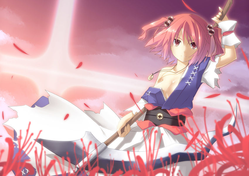 absurdres arm_up bare_shoulders breasts cleavage coin flower hair_bobbles hair_ornament highres jewelry large_breasts looking_at_viewer necklace obi off_shoulder onozuka_komachi pendant petals red_eyes red_hair sash scythe shirt skirt sky smile solo spider_lily torn_clothes torn_sleeves touhou two_side_up yuuki_eishi