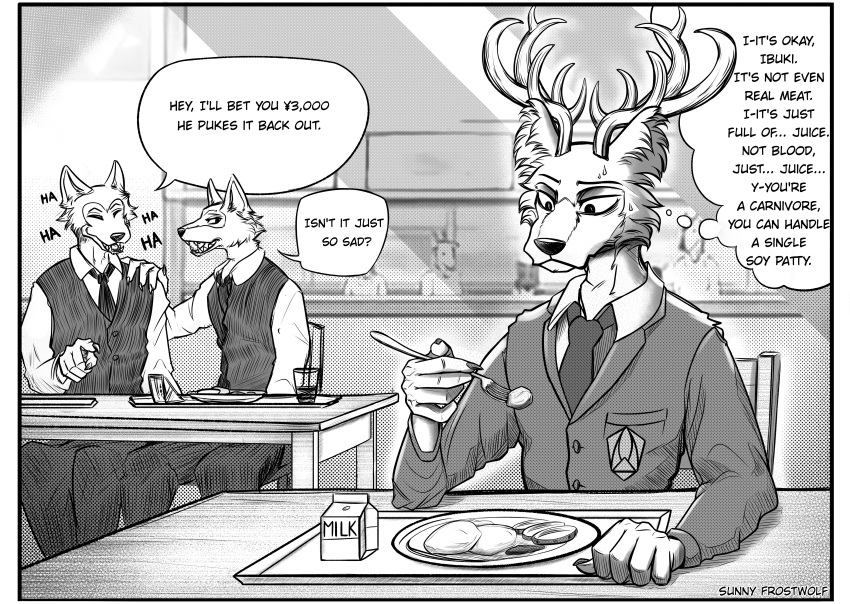 absurd_res anthro antlers background_character beastars bullying canid canine canis clothing dialogue eating english_text fan_character group hi_res horn hybrid ibuki_ii_(greatlizardwizard) lunch male mammal monochrome school school_uniform sunny_frostwolf text trio uniform wolf