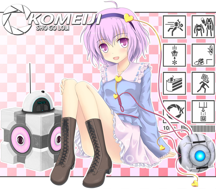 blush boots cake crossover eyeball food hairband heart highres komeiji_satori noveske_n4 open_mouth personality_core pink_eyes pink_hair portal portal_(series) short_hair smile solo third_eye touhou weighted_companion_cube wheatley