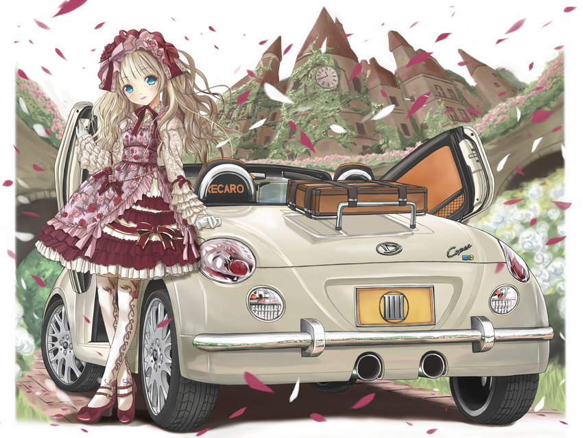 bangs blonde_hair blue_eyes blunt_bangs car clock clock_tower daihatsu daihatsu_copen day dress flower frilled_dress frills gloves ground_vehicle hair_flower hair_ornament head_tilt high_heels highres lipstick lolita_fashion long_hair looking_at_viewer makeup motor_vehicle original petals ribbon shoes sky solo suitcase thighhighs tokino_ame tower white_gloves white_legwear wind