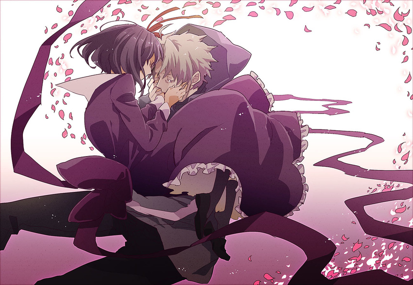 1girl bad_id bad_pixiv_id child dress fate/zero fate_(series) grey_hair hair_ribbon hood hoodie hr0518 matou_kariya matou_sakura petals purple purple_hair ribbon short_hair tears uncle_and_niece younger