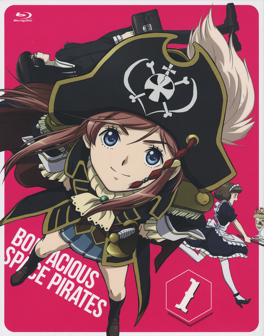 belt blue_eyes bluray_cover chiaki_kurihara endou_mami epaulettes hat hat_feather highres katou_marika long_hair looking_at_viewer miniskirt_pirates official_art pirate pirate_hat pleated_skirt sabre skirt skull_and_crossbones smile sword weapon