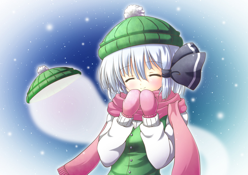 adapted_costume blush bow gloves hair_ribbon hat konpaku_youmu konpaku_youmu_(ghost) osashin_(osada) pink_scarf ribbon scarf shimamura_youmu shirt short_hair silver_hair smile snow solo touhou vest