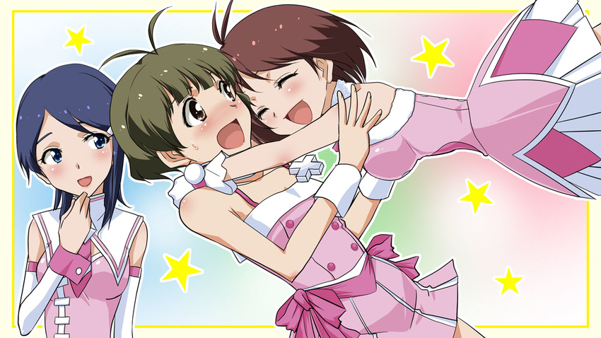 2girls akizuki_ryou antenna_hair bare_shoulders blush bow brown_eyes brown_hair closed_eyes crossdressing cute_&amp;_girly_(idolmaster) dearly_stars glomp hidaka_ai hug idolmaster idolmaster_dearly_stars jewelry mizutani_eri multiple_girls odd_one_out open_mouth otoko_no_ko pink_bow short_hair smile sweatdrop tame_meshi