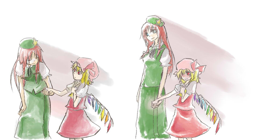 beret china_dress chinese_clothes crystal demon_wings dress flandre_scarlet green_dress green_eyes hat height_difference holding_hands hong_meiling mob_cap multiple_girls puffy_short_sleeves puffy_sleeves red_dress red_hair satou short_sleeves simple_background star touhou white_background wings