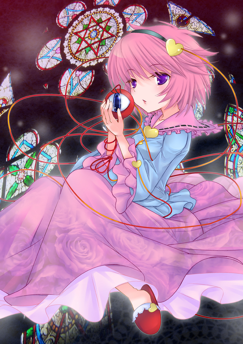 arms_up entangled floral_print flower hairband heart highres komeiji_satori ogakuru pink_hair purple_eyes rose shirt skirt solo stained_glass third_eye touhou