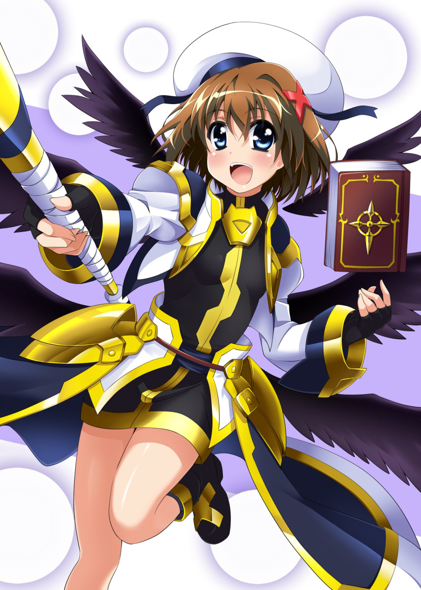 1girl :d absurdres armored_skirt bangs beret black_dress black_wings blue_eyes book brown_hair commentary_request cropped_jacket dress eyebrows_visible_through_hair feathered_wings hair_ornament hat highres holding holding_staff jacket juliet_sleeves leg_up long_sleeves looking_at_viewer lyrical_nanoha magical_girl mahou_shoujo_lyrical_nanoha_reflection multiple_wings open_mouth puffy_sleeves schwertkreuz short_dress short_hair simple_background smile solo staff standing standing_on_one_leg tome_of_the_night_sky waist_cape white_background white_headwear white_jacket wings x_hair_ornament yagami_hayate yorousa_(yoroiusagi)