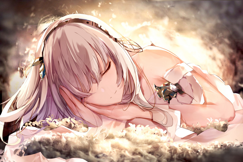 absurdres anastasia_(fate/grand_order) arms_up bangs bare_shoulders blush brown_hairband closed_eyes closed_mouth commentary_request eyebrows_visible_through_hair facing_viewer fallen_heaven fate/grand_order fate_(series) hair_between_eyes hairband highres long_hair lying on_side revision silver_hair smile solo