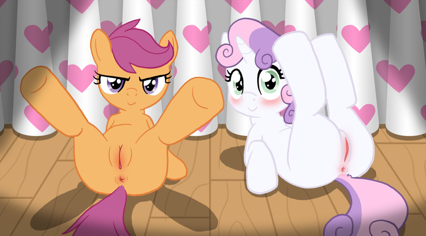 anus blush clitoris cub duo equine female feral friendship_is_magic hair horn horse mammal mane my_little_pony pegasus pony presenting pussy scootaloo scootaloo_(mlp) sweetie_belle sweetie_belle_(mlp) unicorn wings young zed001