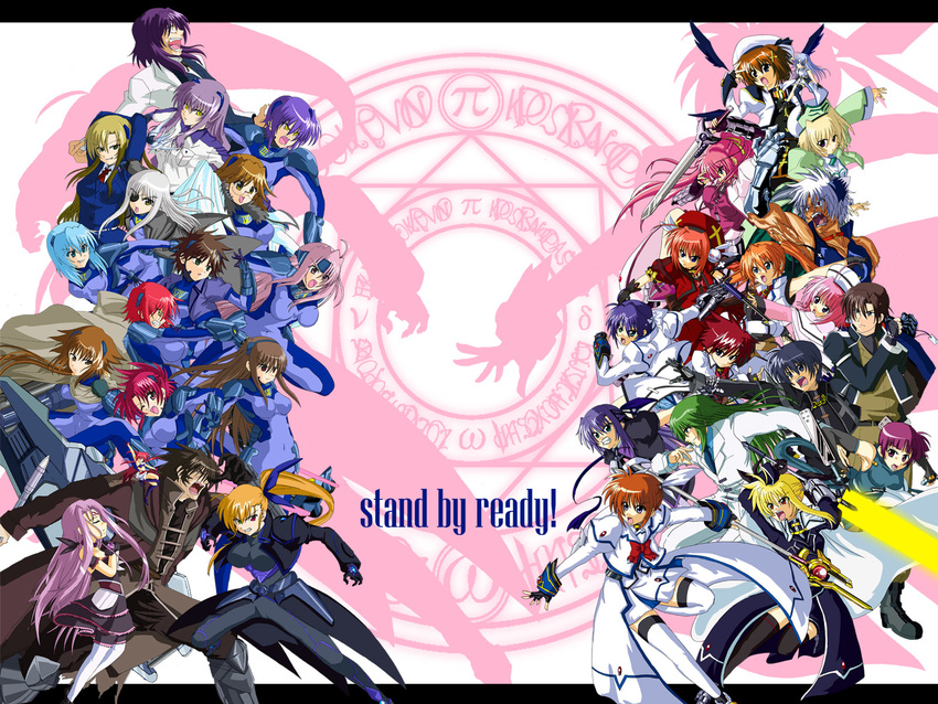 6+girls agito_(nanoha) ahoge animal_ears arm_garter asclepius asymmetrical_legwear bardiche bat_wings blonde_hair blue_hair bodysuit bow brown_hair cannon character_request cinque_(nanoha) closed_eyes coat confrontation deed_(nanoha) dieci_(nanoha) dual_wielding due_(nanoha) energy_sword english everyone facial_mark familiar fate_testarossa fighting_stance fingerless_gloves forehead_jewel forehead_mark gauntlets ginga_nakajima glasses gloves hair_ornament hairband hat headband highres holding huge_weapon inline_skates jacket klarwind levantine long_hair long_sleeves lutecia_alpine lyrical_nanoha machinery magazine_(weapon) magic_circle magical_boy magical_girl mahou_shoujo_lyrical_nanoha_strikers military military_uniform minigirl multiple_boys multiple_girls nove_(nanoha) numbers'_uniform numbers_(nanoha) older one_eye_closed open_clothes open_coat open_jacket otto_(nanoha) outstretched_arms pink_hair ponytail purple_hair quattro_(nanoha) raising_heart red_bow red_eyes red_hair reinforce_zwei revolver_knuckle roller_skates roman_numerals sansyodo sette_(nanoha) shamal siblings side_ponytail signum simple_background single_fingerless_glove single_gauntlet single_glove single_thighhigh sisters skates strada subaru_nakajima sword takamachi_nanoha teana_lanster thighhighs tonfa tre_(nanoha) twintails uniform uno_(nanoha) very_long_hair vita vivio waist_cape weapon wendi_(nanoha) white_background white_hair wings wolf_ears x_hair_ornament yagami_hayate zest_grangeitz