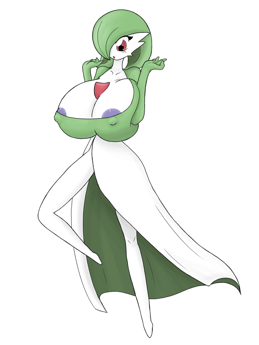 1girl angelthecatgirl areola_slip areolae artist_request breast_expansion breasts embarrassed erect_nipples furry gardevoir gigantic_breasts green_hair highres pokemon red_eyes surprised